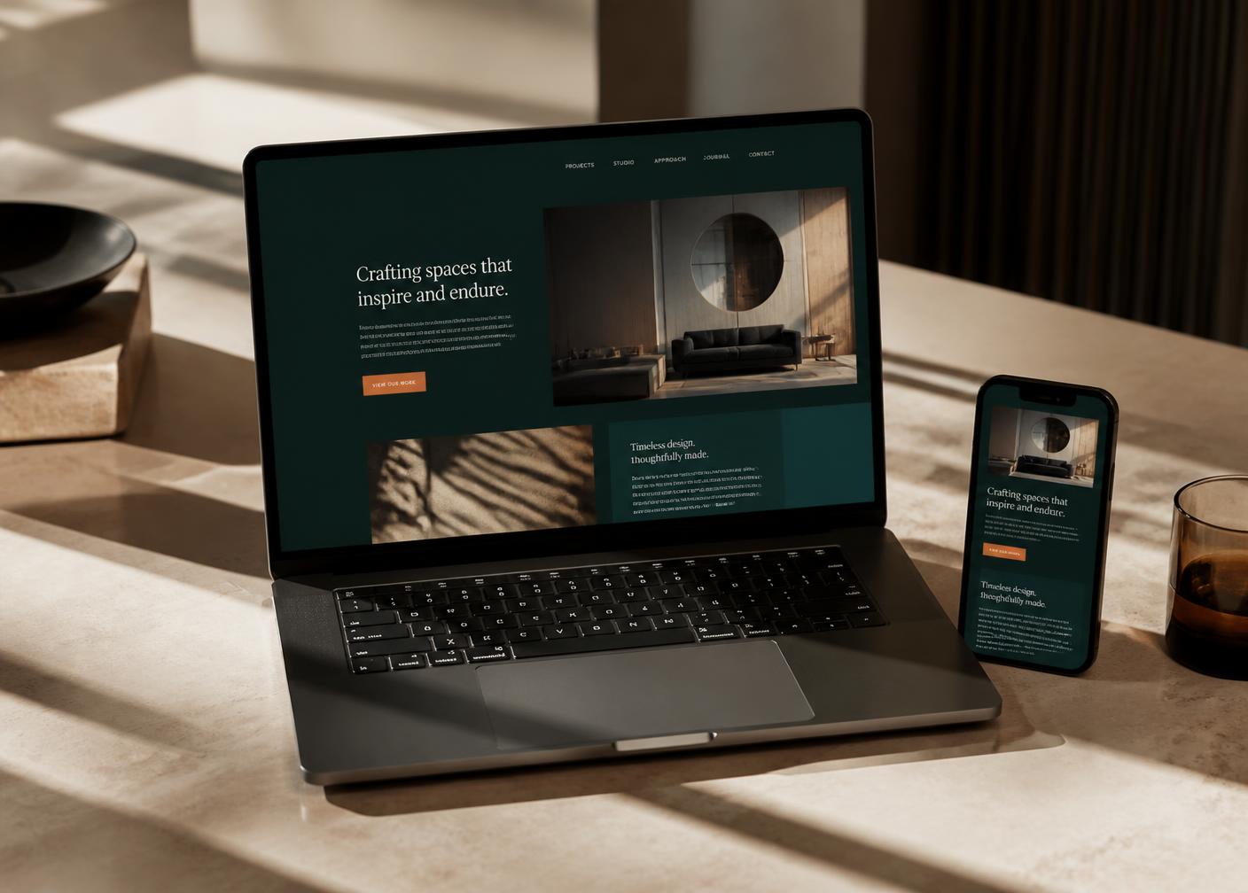A refined deep teal website interface shown on a laptop and phone on a warm stone desk